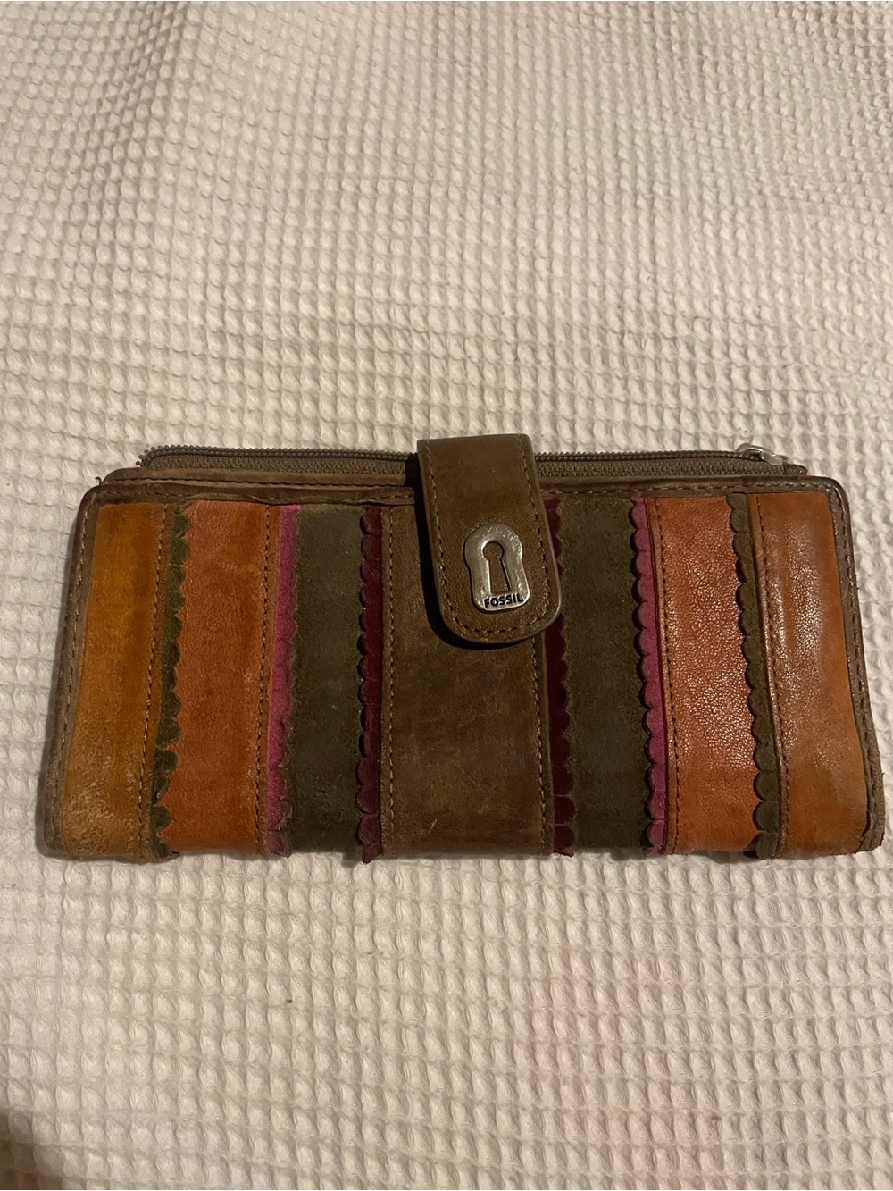 Fossil Multicolor Striped Leather Snap Wallet in Brown, Orange & Pink